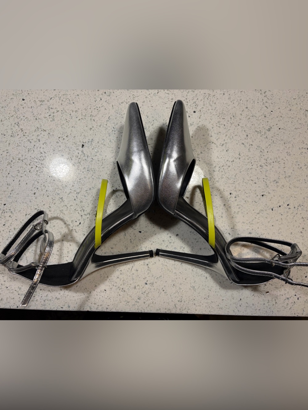 Metallic Silver Pointed-Toe Heels with Neon Yellow Accent